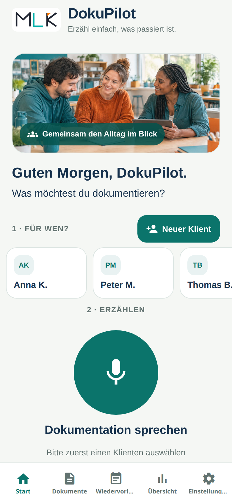DokuPilot-Startseite mit Klientenauswahl und Sprachaufnahme für die mobile Dokumentation