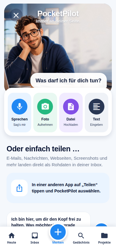 PocketPilot-Erfassung per Sprache, Foto, Datei, Text und Teilen aus anderen Apps