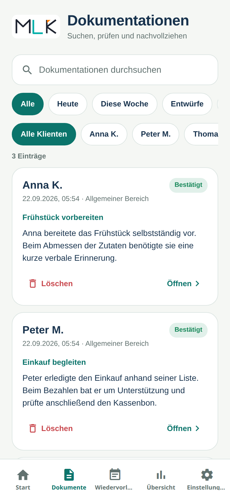 DokuPilot-Dokumentationen mit Suche, Zeit- und Klientenfiltern sowie bestätigten Beispielberichten