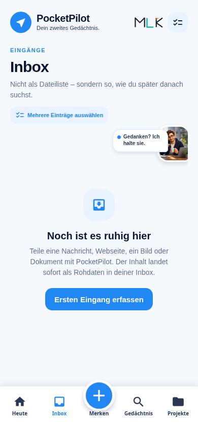 PocketPilot-Inbox als persönlicher Eingang für geteilte Nachrichten, Webseiten, Bilder und Dokumente