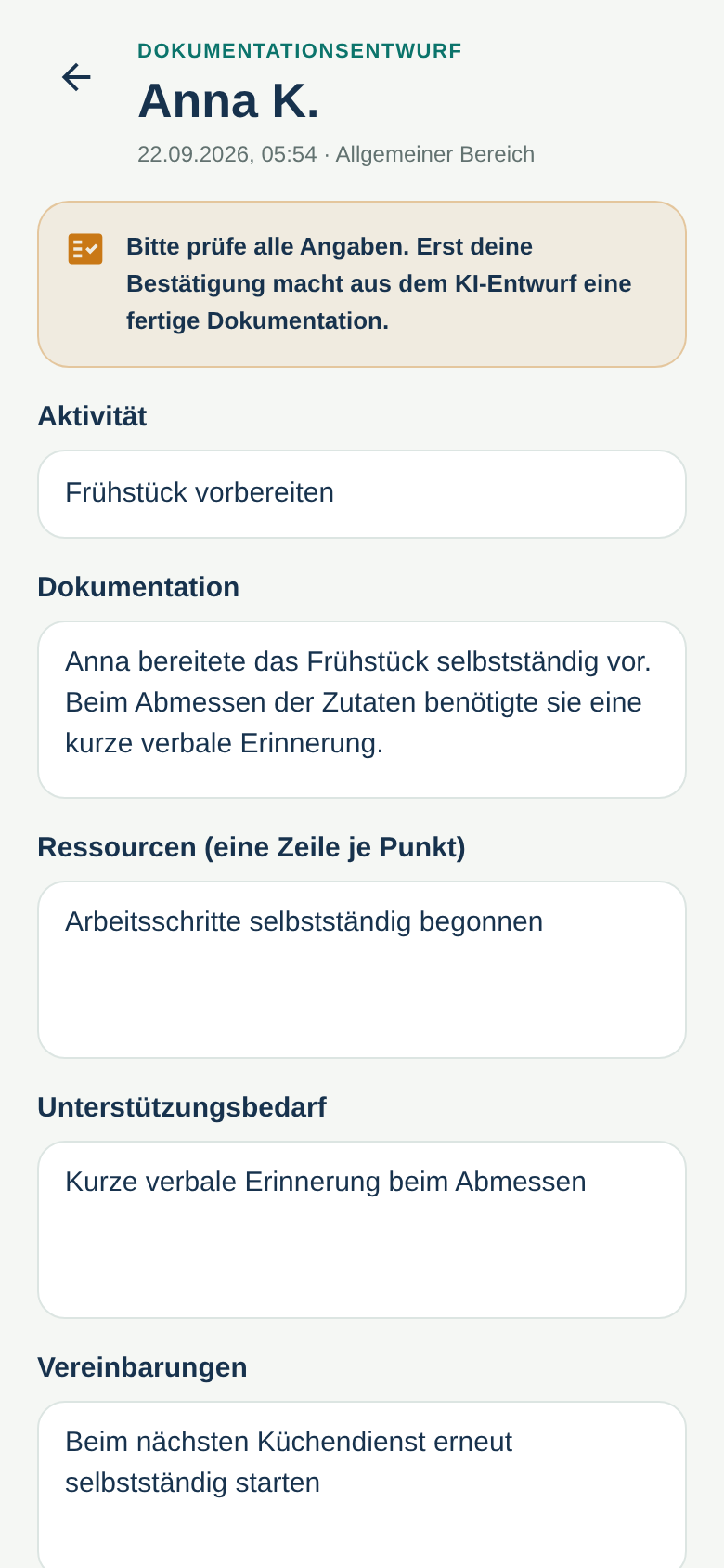 DokuPilot-Dokumentationsentwurf mit Prüfhinweis und bearbeitbaren Feldern für Aktivität, Ressourcen und Vereinbarungen