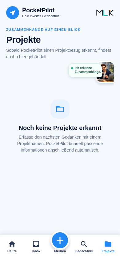 PocketPilot-Projekte mit der Einordnung erkannter Zusammenhänge zu einem Projekt
