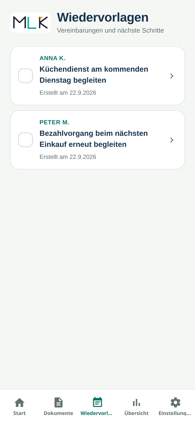 DokuPilot-Wiedervorlagen mit klientenbezogenen Vereinbarungen und nächsten Schritten