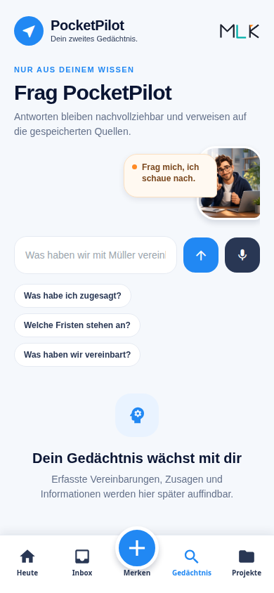 Frag PocketPilot: persönliche Wissensansicht mit nachvollziehbaren Antworten und gespeicherten Quellen