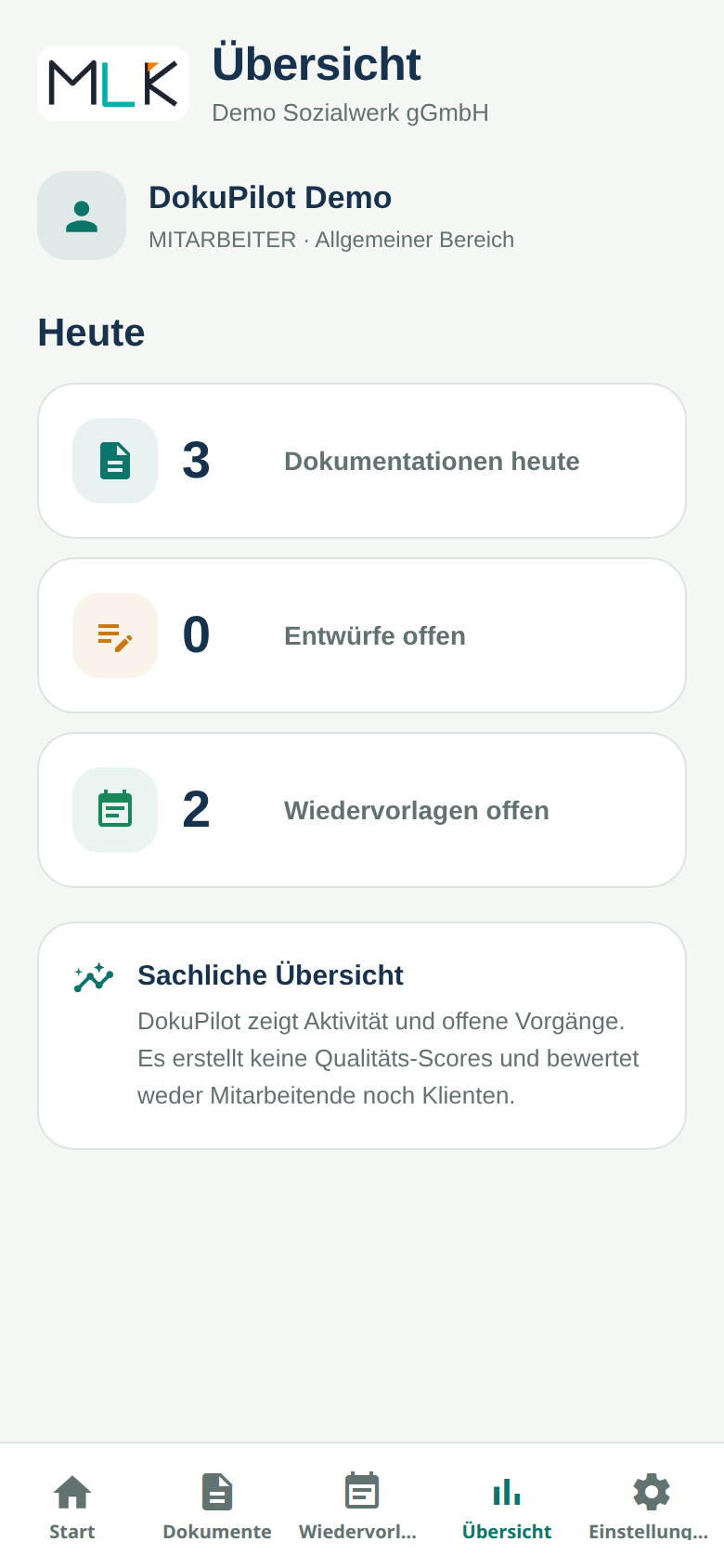 DokuPilot-Übersicht mit Dokumentationen, offenen Entwürfen und Wiedervorlagen ohne Qualitäts-Scoring