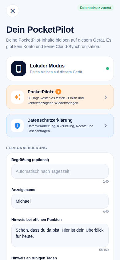 PocketPilot-Einstellungen mit lokalem Modus, PocketPilot+-Testphase und Datenschutzhinweis