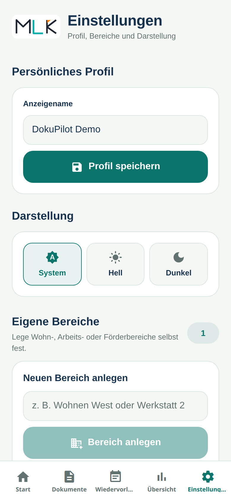 DokuPilot-Einstellungen für Profil, Darstellungsmodus und eigene Bereiche