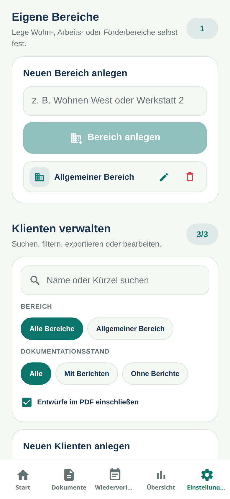 DokuPilot-Klientenverwaltung mit Suche, Bereichsfiltern und PDF-Option