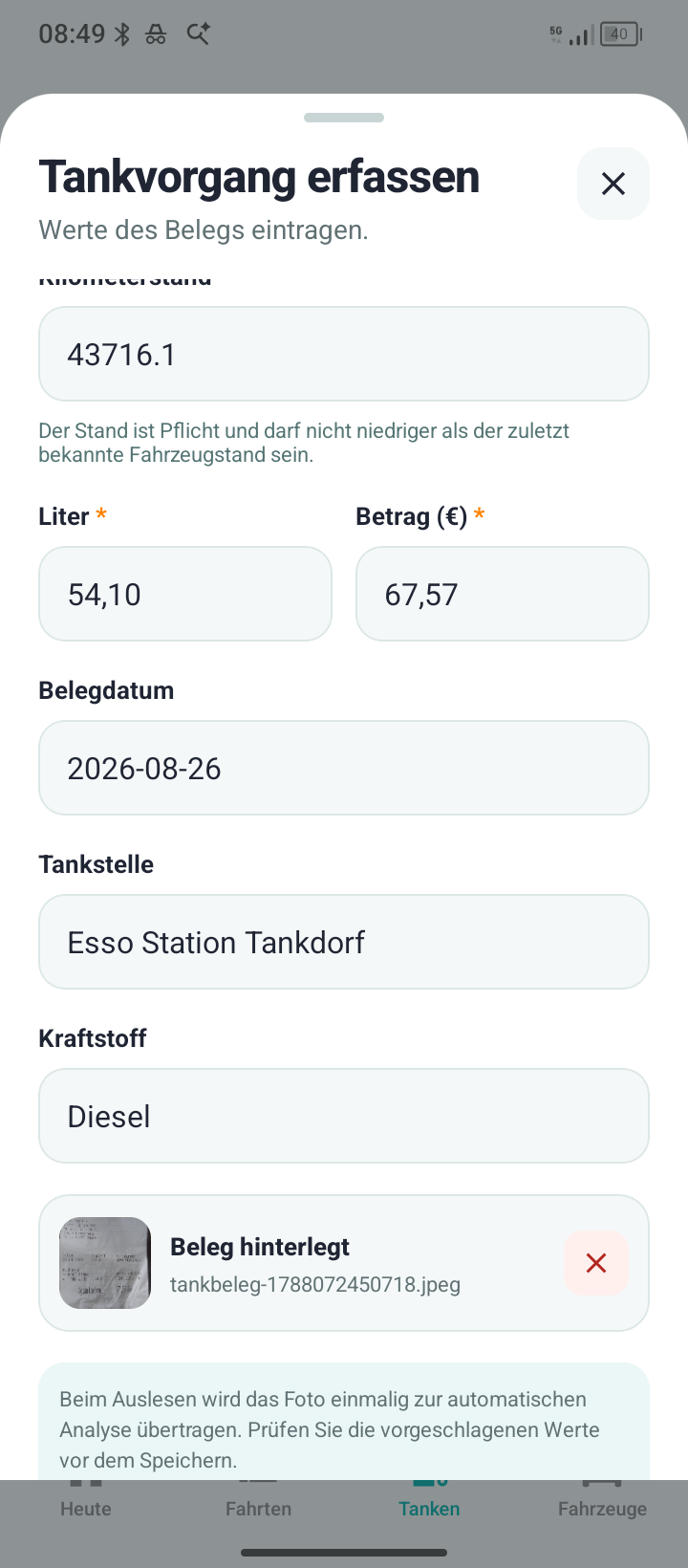 DrivePilot-Tankerfassung mit Kilometerstand, Litern, Betrag, Belegdatum und Tankstelle