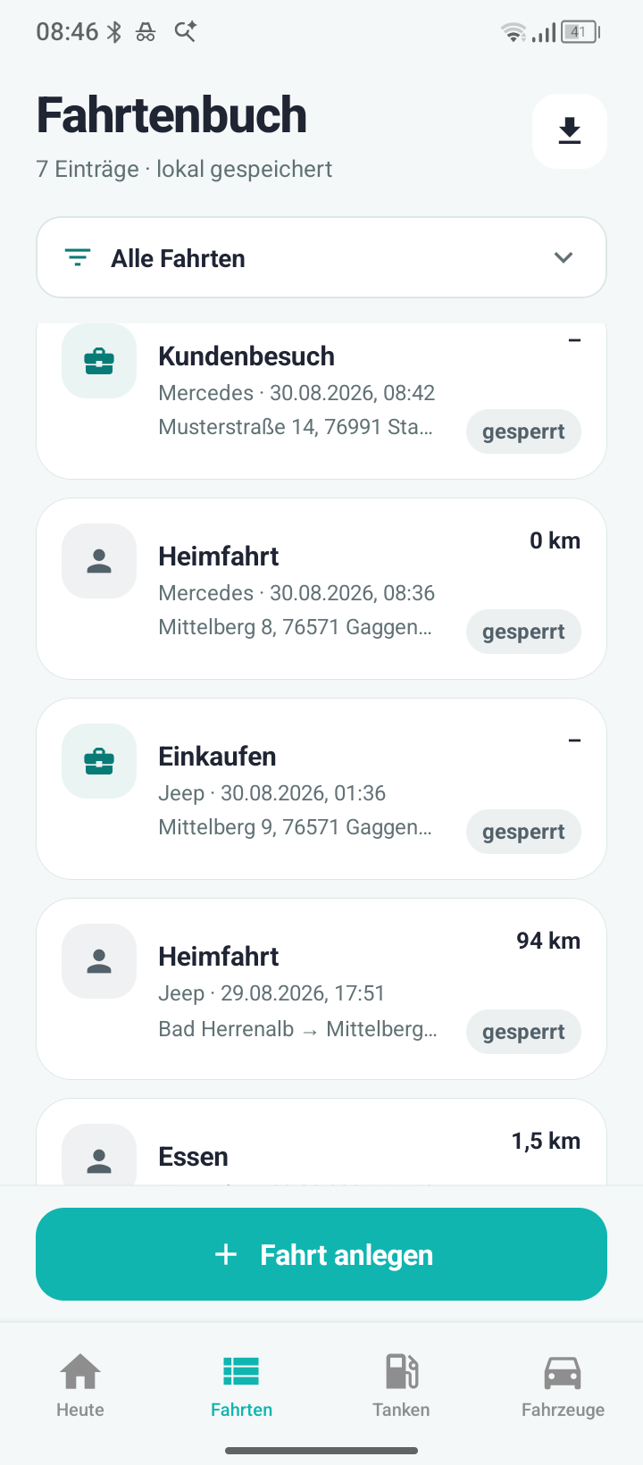 DrivePilot-Fahrtenbuch mit gesperrten und zugeordneten Fahrten