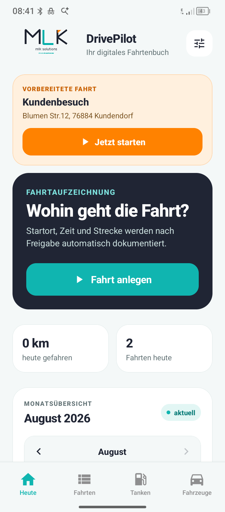 DrivePilot-Startansicht mit vorbereiteter Fahrt und Startaktion