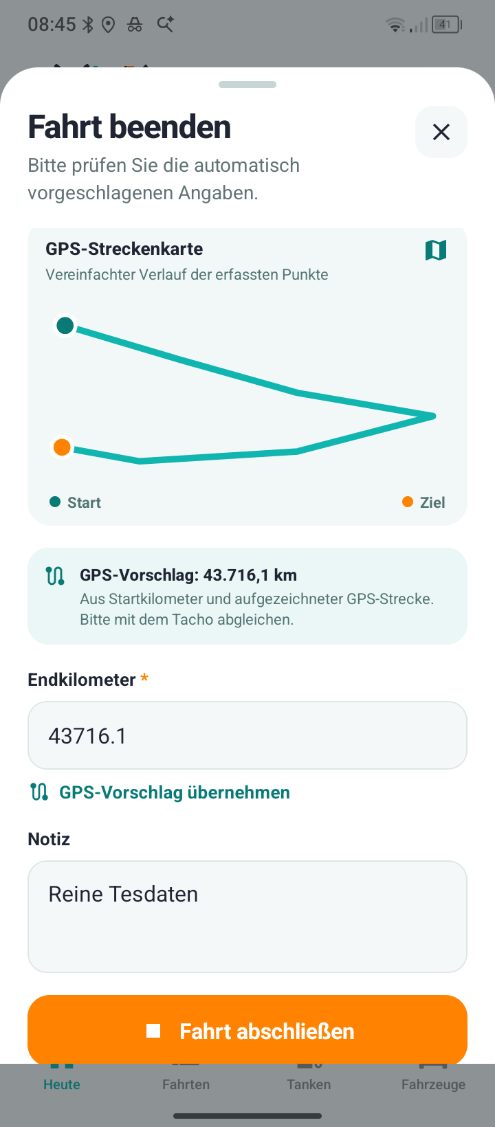 DrivePilot-Ansicht zum Prüfen einer Fahrt mit GPS-Streckenvorschlag