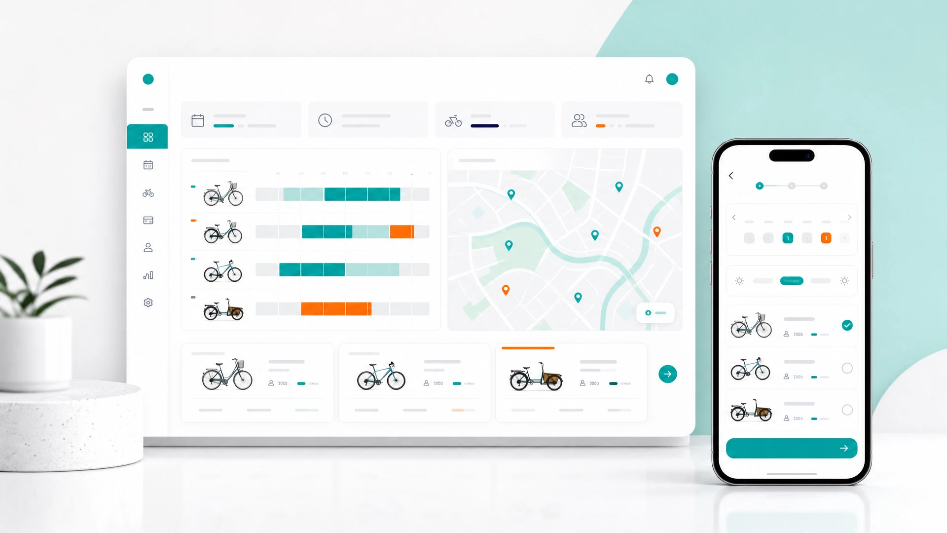 Beispielansicht einer digitalen Fahrradvermietung mit Dashboard und mobiler Buchungsansicht