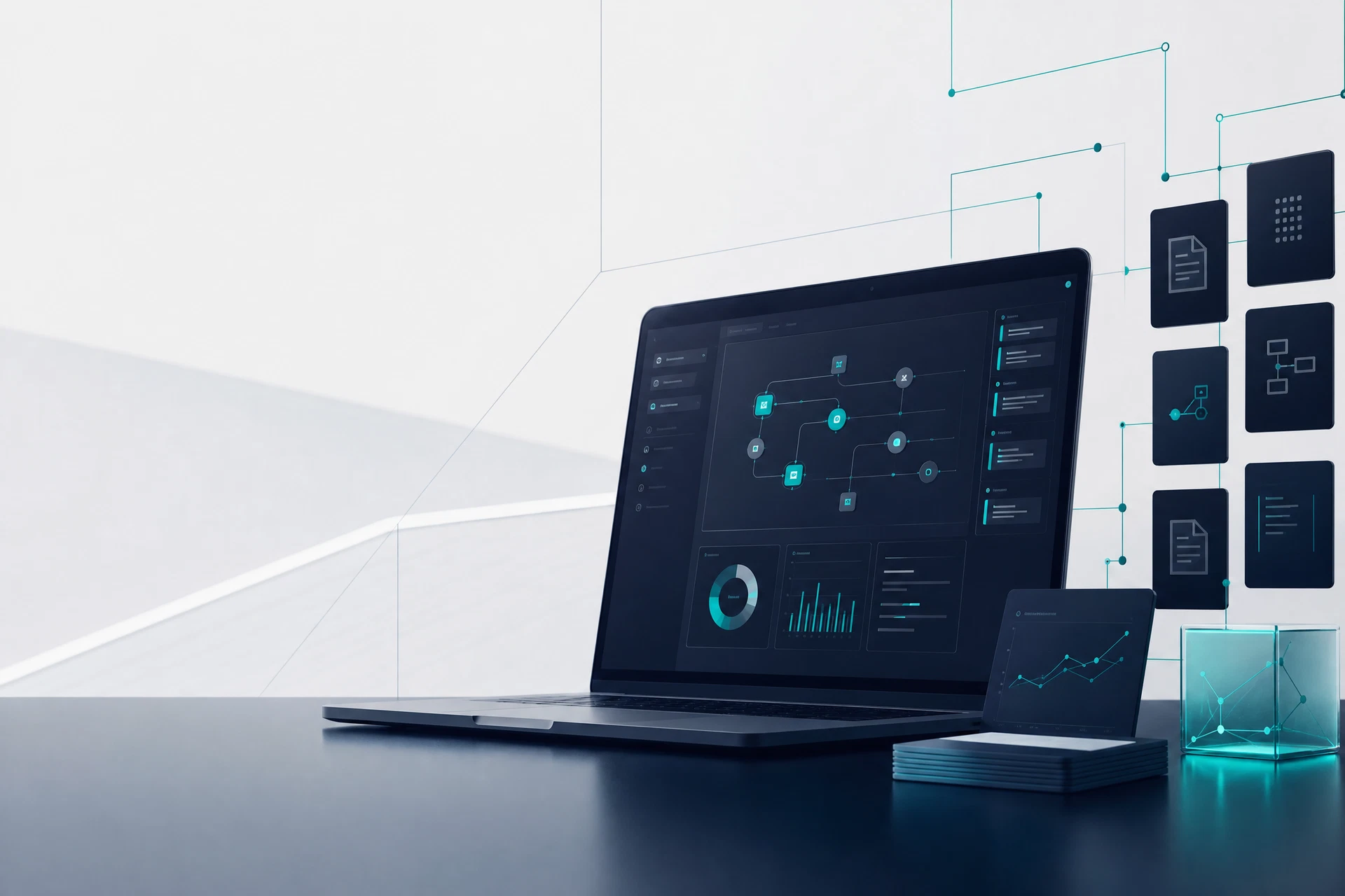 Abstrakte digitale Plattform mit vernetzten Prozessen und Analyseansicht