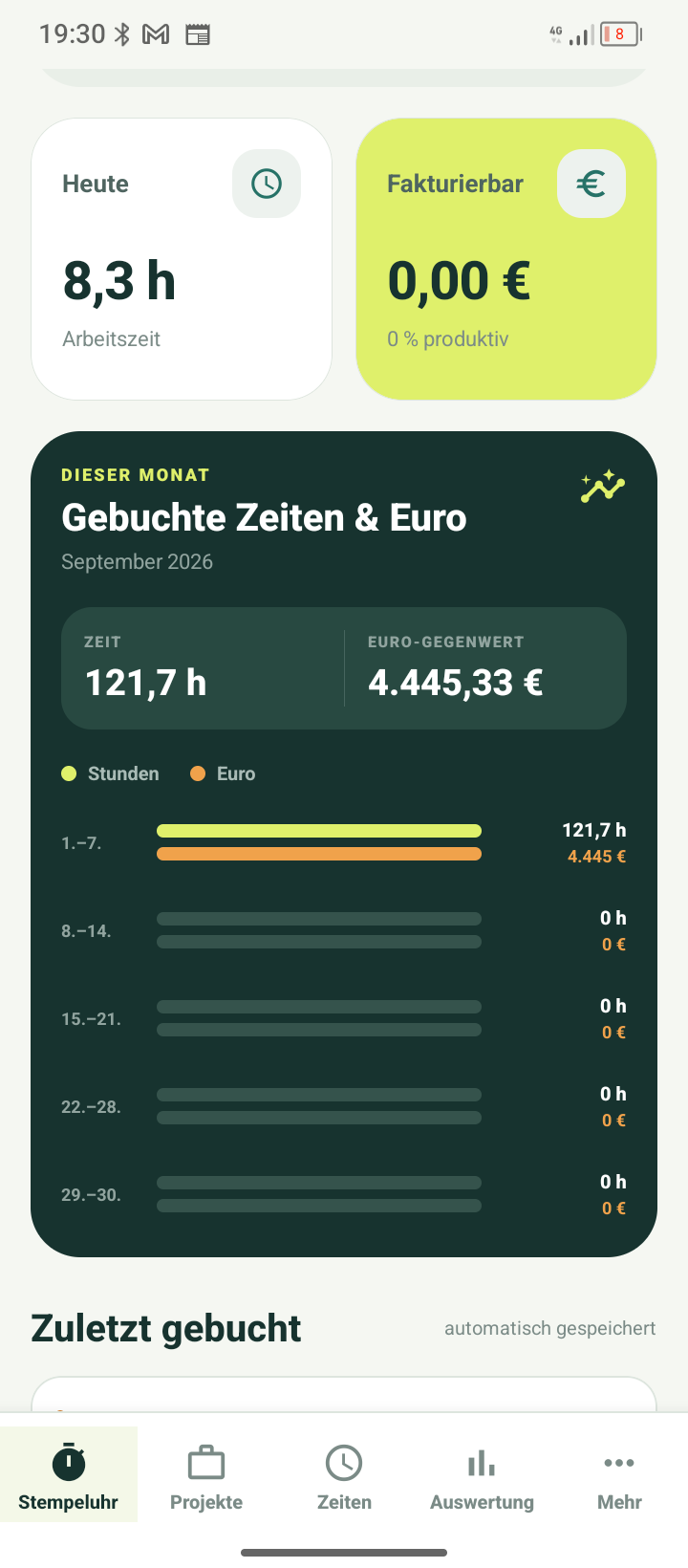 TimePilot-Auswertung mit gebuchten Zeiten und Euro-Gegenwert im Monatsüberblick