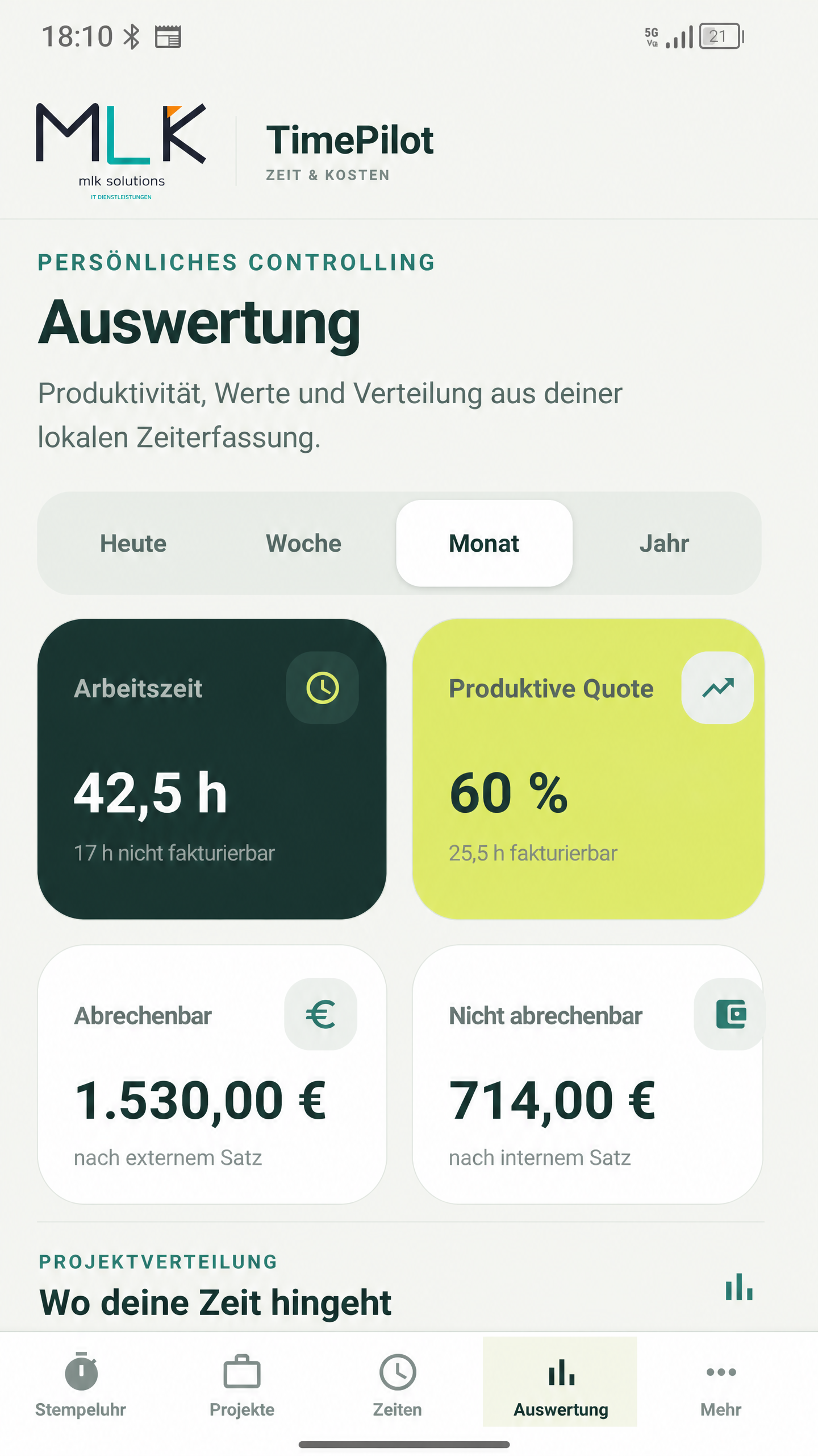 TimePilot Beispielansicht: Auswertung mit neutralen Stunden- und Eurokennzahlen