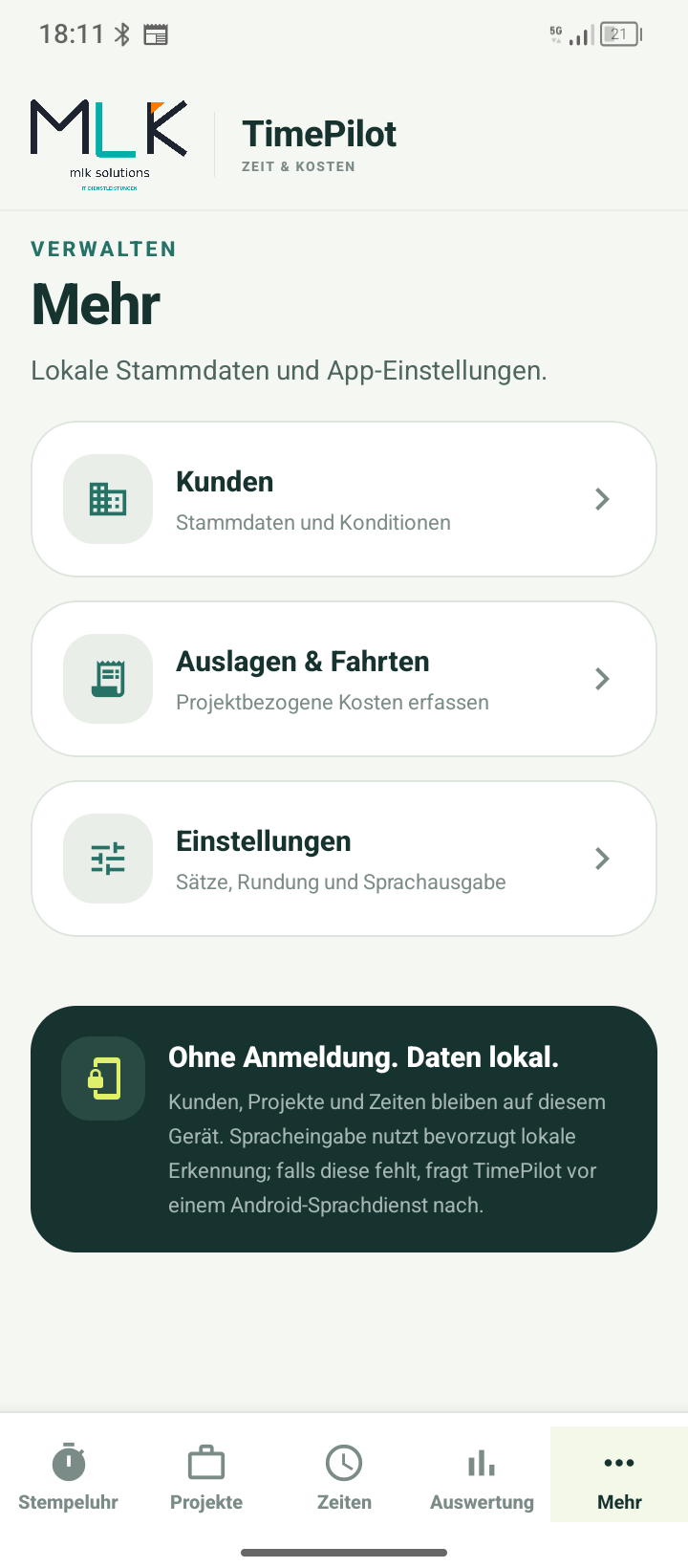 TimePilot Beispielansicht: lokale Datenspeicherung und Einstellungen