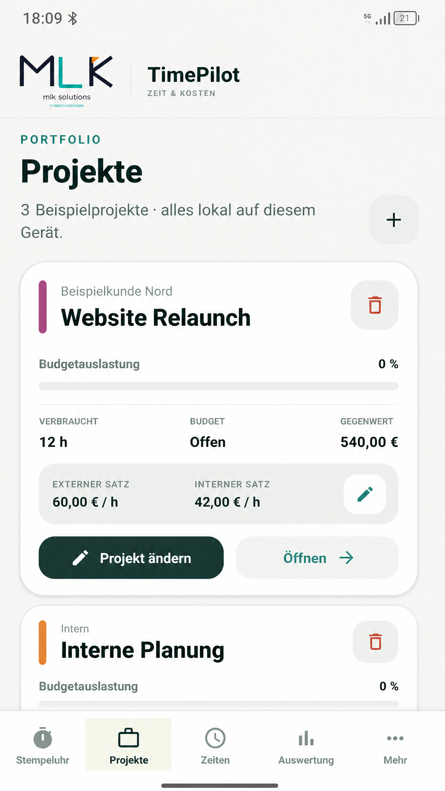 TimePilot Beispielansicht: Projektübersicht mit Website Relaunch und Beispielkunde Nord