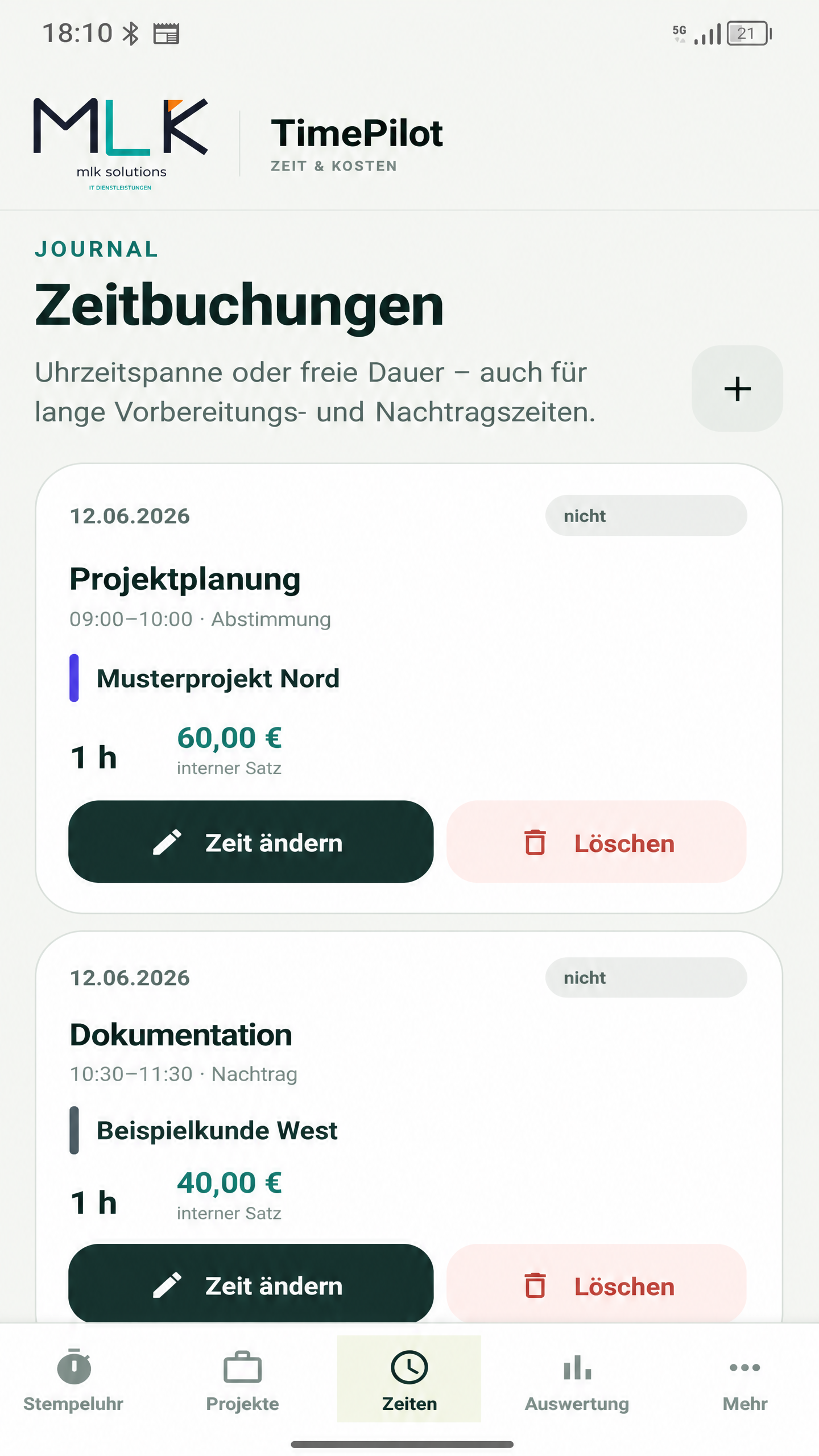 TimePilot Beispielansicht: Journal mit bereinigten Zeitbuchungen