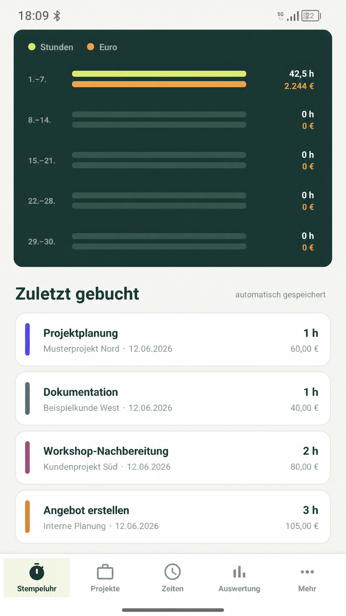 TimePilot Beispielansicht: zuletzt gebuchte Musterzeiten in der Übersicht