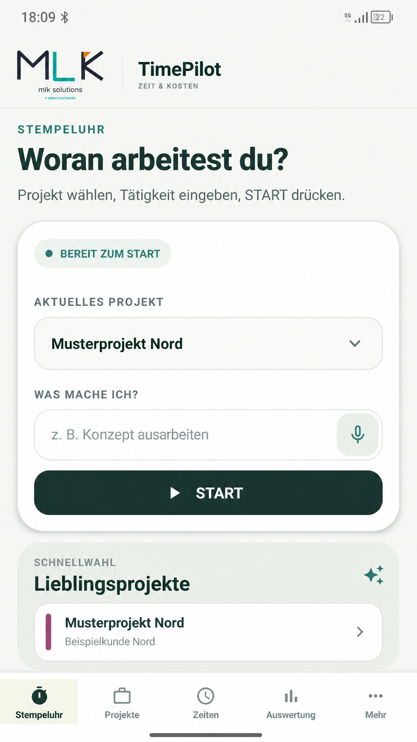 TimePilot Beispielansicht: Stempeluhr mit Musterprojekt Nord